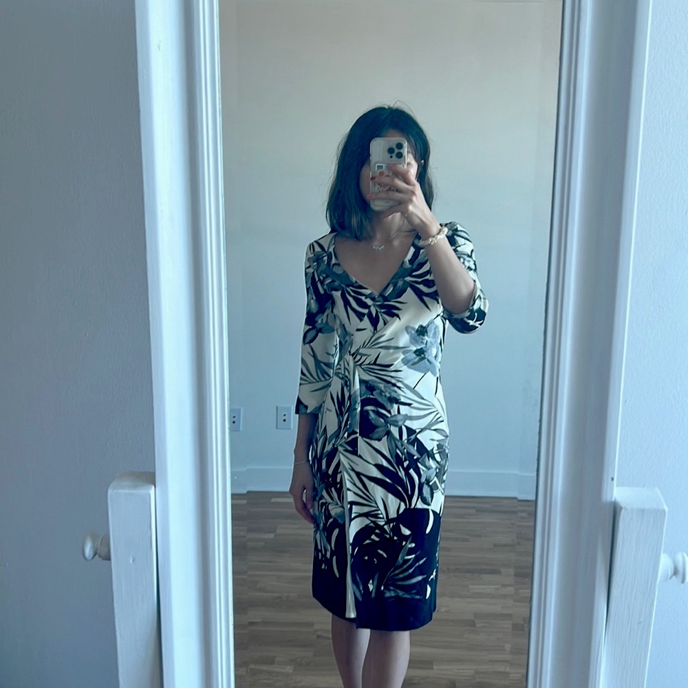 St john silk black and white floral patterned midi dress